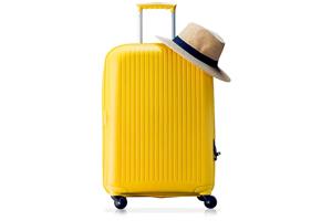 Yellow suitcase with hat