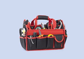 A red tool kit bag on a blue background