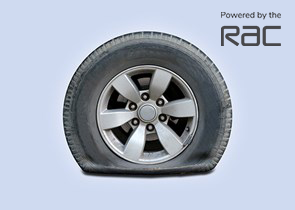 Wheel with a flat tyre on a blue background, breakdown cover, powered by the RAC.