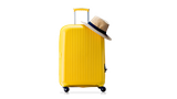A yellow suitcase and a hat