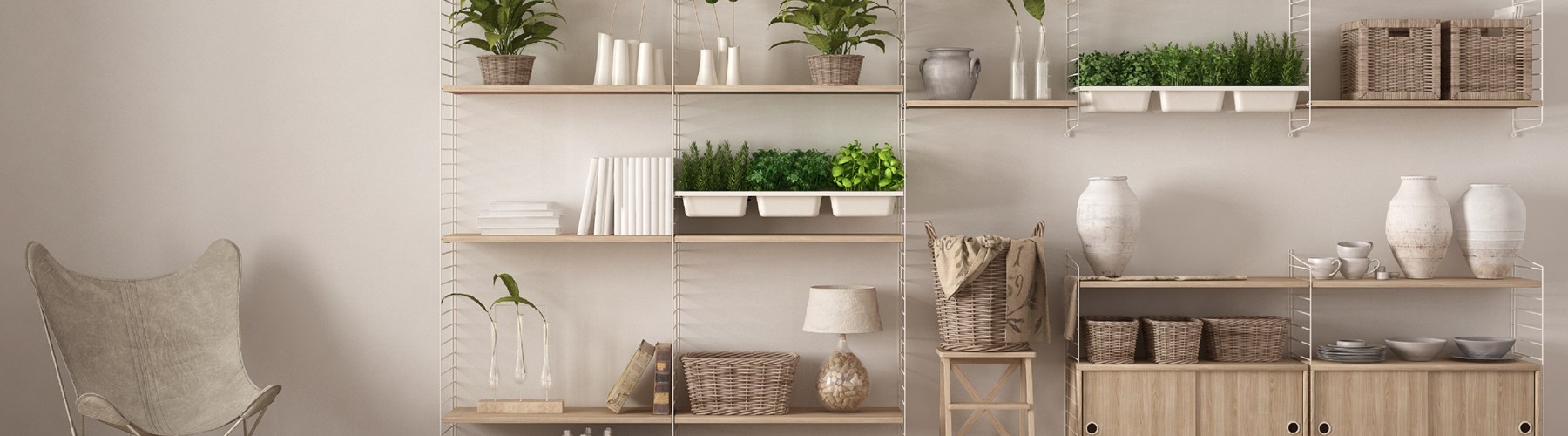 Flat storage unit in beige room interior 