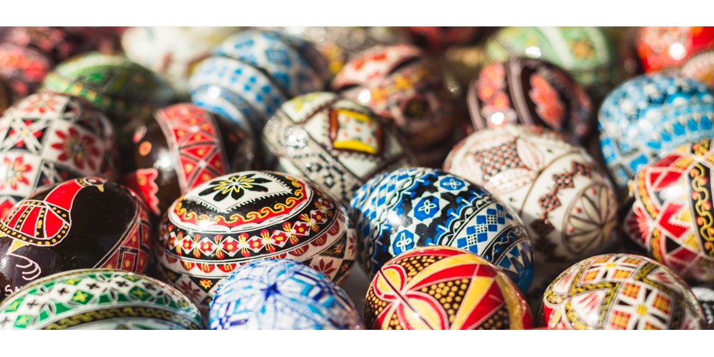 Multi-coloured hand-painted rustic Easter eggs