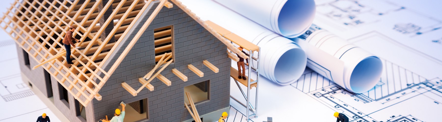 Building works mockup with blueprints 