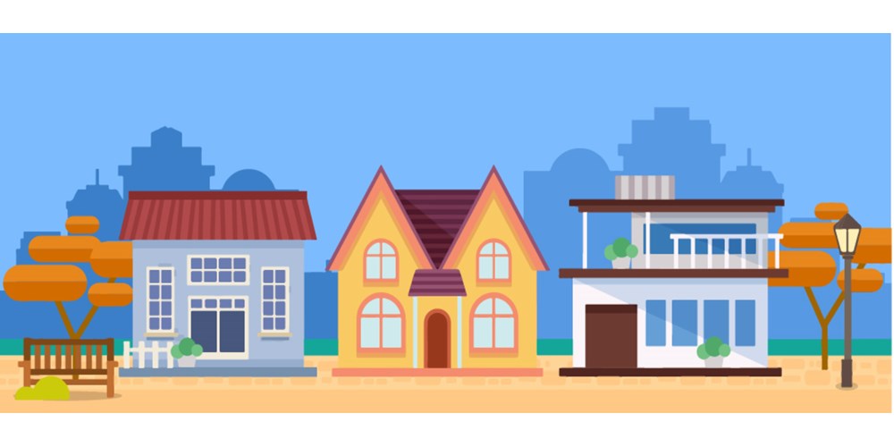 Coloured illustration of three houses 