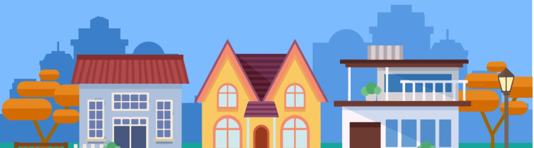 Coloured illustration of three houses 