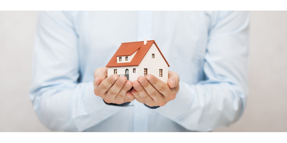 Man's hands holding model house