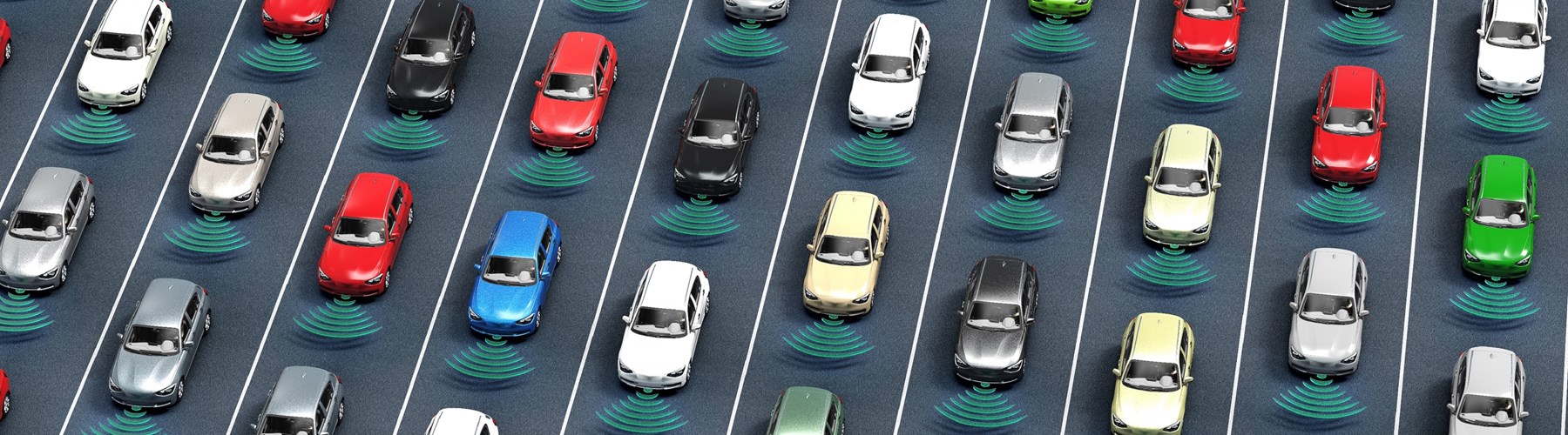 Parked cars with driverless symbols in a parking lot