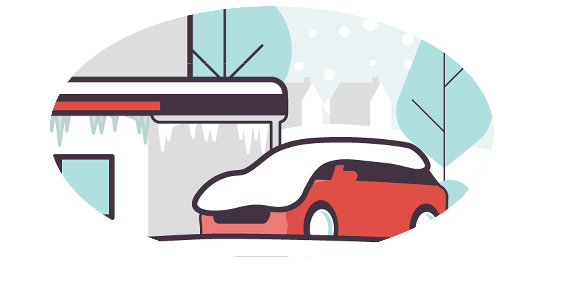 Illustration of car in snow outside house