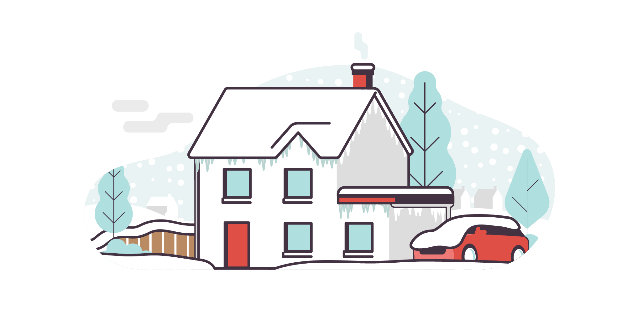 Illustration of a house, garden and car with snow on the roofs